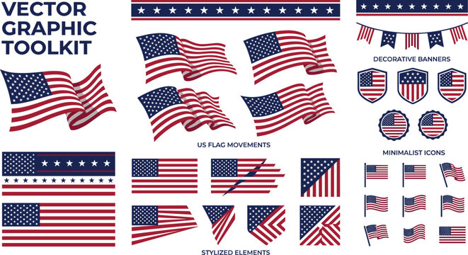 Comprehensive American flag vector graphic toolkit featuring waving flags patriotic icons decorative banners and stylized US national elements