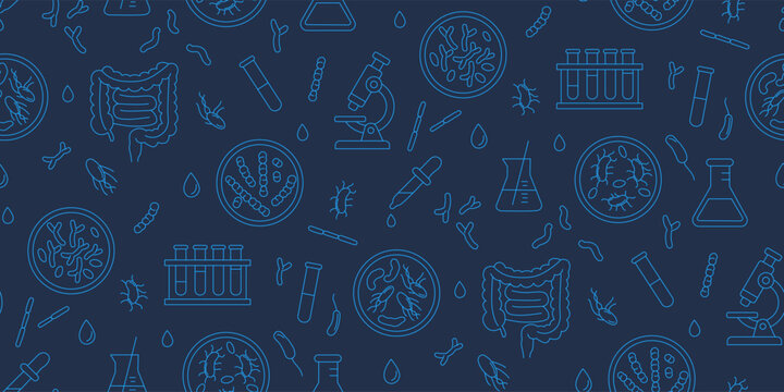 Gut microbiome laboratory seamless pattern with intestine, microbes and lab equipment for healthcare and science use, Vector Illustration, blue line art repeat on white background.