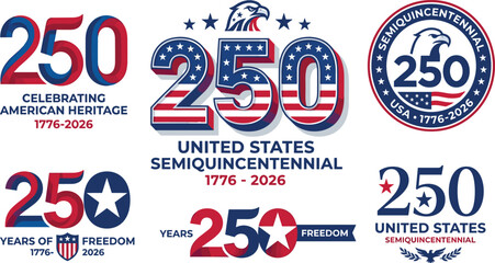 Obraz premium Set of USA semiquincentennial logos and patriotic 250th anniversary emblems celebrating American heritage and freedom 1776 to 2026