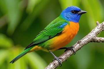 Naklejka premium Small male painted bunting bird perches on rough tree branch. Vibrant blue head contrasts with green wings, bright orange body. Detailed feathers visible against blurred green foliage background,