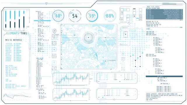 Animated high-tech dashboard with a map and program codes