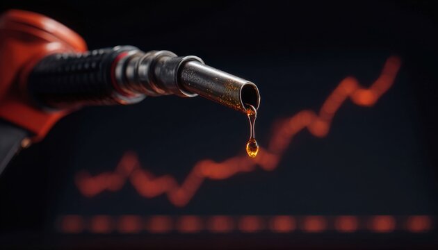 Fuel pump nozzle dripping liquid with fluctuating financial graph in the background illustrating rising fuel prices
