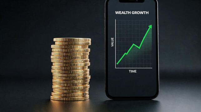 Wealth growth graph on smartphone screen next to stack of gold coins, finance, profit, online trading, investment return, money savings tracking app, business success data chart on dark backdrop.