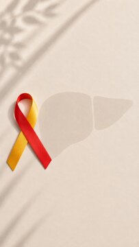 Red and yellow awareness ribbon placed on a clean minimalist beige background with a subtle liver silhouette, symbolizing medical support, healthcare education, and World Hepatitis Day campaigns.