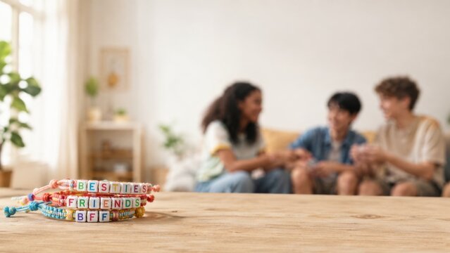 Handmade friendship bracelets bands with letter beads spelling BESTIES, FRIENDS, and BFF rest on a wooden table, with three diverse teenage friends chatting happily in a blurred living room background