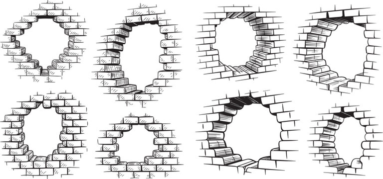 Brick Wall Hole Frame Set Hand Drawn Sketch Circle Border Vector