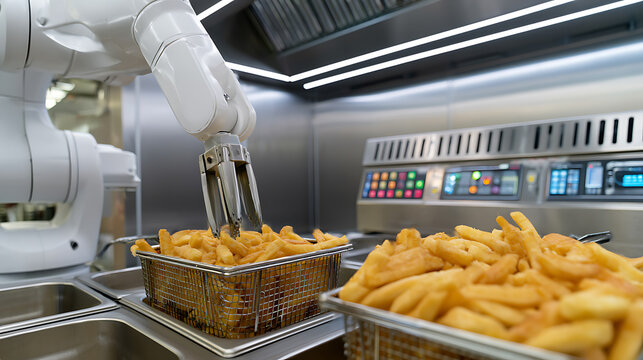 Automated Culinary Technology: A Robotic Arm Prepares Freshly Fried Potatoes in a Modern Commercial Kitchen Environment, Showcasing Future Food Service