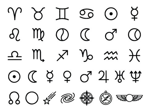 Zodiac symbols and astrology signs illustrated on white background