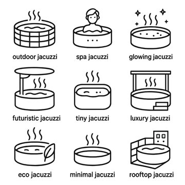 Variety of jacuzzis featuring futuristic, luxury, eco, and rooftop designs