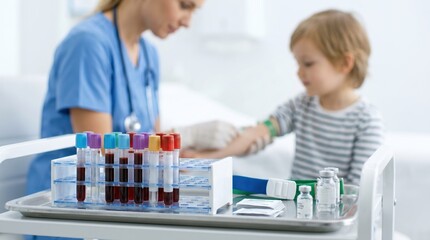 Fototapeta premium A nurse prepares to take a blood sample from a young child in a clinic. The nurse wears blue scrubs and focuses on the child. Blood collection tubes are on a tray nearby