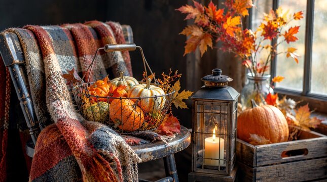 Autumn pumpkins and lantern on rustic chair
