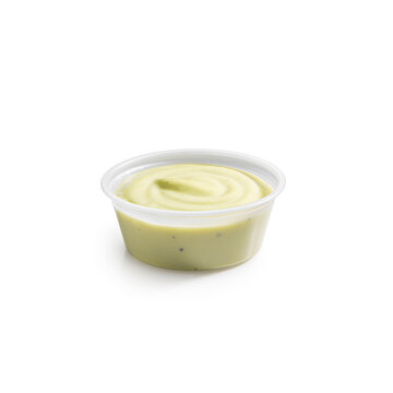 Creamy Taqueria Style Jalapeno Salsa in Clear Plastic Portion Cup with Clipping Path