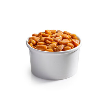Studio Shot of Savory Pinto Beans in White Paper Takeout Container with Clipping Path