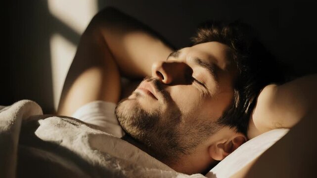 Male figure awakens in bed, initially sleeping with mouth open, then stretches and yawns, finally smiling with arms behind head in a sunlit bedroom