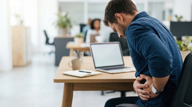 A man is seated at a desk in an office. He is bending forward and holding his back, showing signs of discomfort. A laptop and a notebook are on the desk