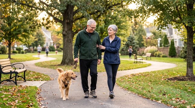 Elderly Couple Walking Dog on a Winding Path in a Park on a Fall Day