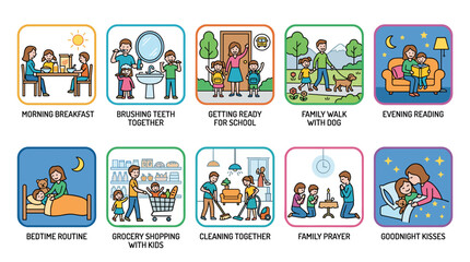 Fototapeta premium Colorful Family Daily Routine Icon Set – Morning Habits, Family Activities and Parenting Lifestyle Illustrations