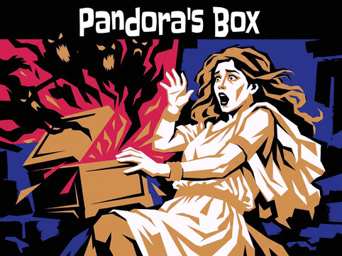 graphic illustration, curious pandora opens box and is shocked, reeling back