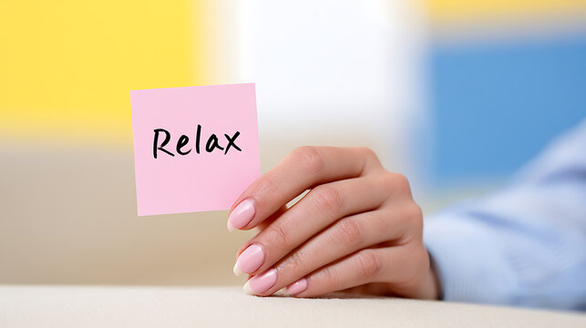 A hand holds a pink sticky note with the word 'Relax' written in black, conveying a message of calm, rest, and stress reduction