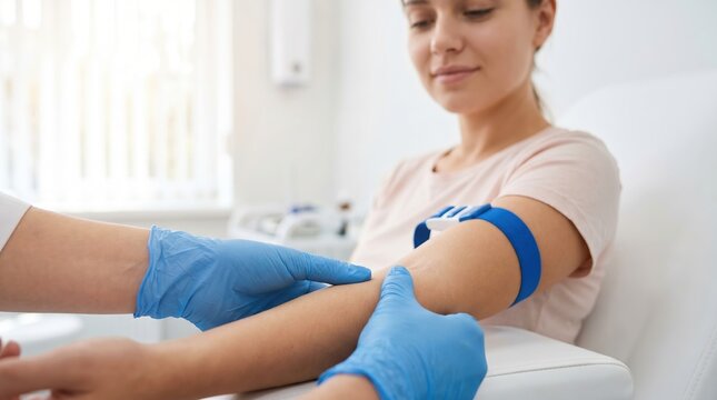 A person sits in a medical office while a healthcare worker ties a band around the arm for a blood draw. The setting is clean and well-lit. The time appears to be daytime