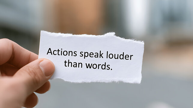 Inspiring message on torn paper about the power of action over speech held by a hand, emphasizing commitment and truth in a soft-focused setting