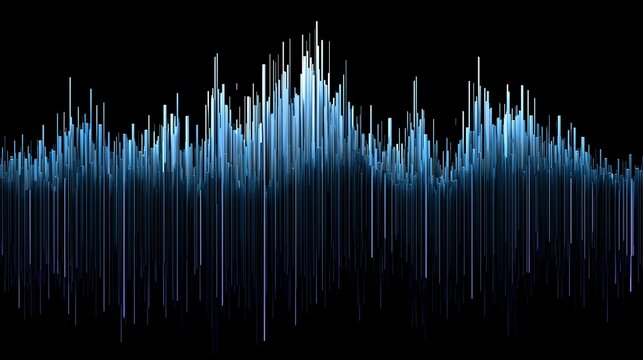Digital 3D render of a symmetrical blue audio waveform with vertical lines extending upwards and downwards on a black background representing electronic sound signals and sonic frequency modulation