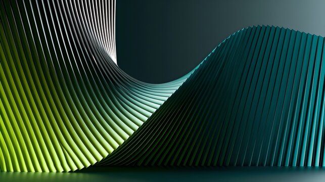 Rhythmic 3D render of curved teal and yellow-green parallel lines forming wave-like structures with dynamic depth and dramatic lighting against a dark gradient background for modern graphic design
