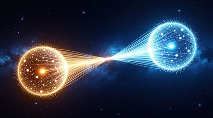 Fototapeta premium Two glowing spheres connect with light beams in deep space. Abstract digital artwork shows particle entanglement, quantum physics, and cosmic energy.