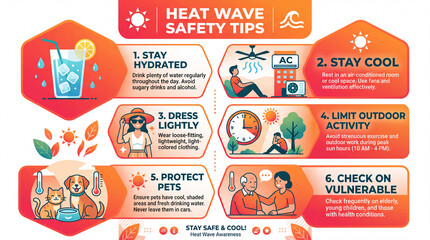 Naklejka premium Heat wave safety tips infographic poster, stay hydrated dress lightly protect pets, extreme summer heat warning, flat vector illustration. Heat Wave Safety Tips