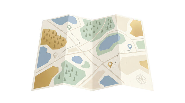 3 D paper cutout travel map with pins isolated on a transparent background