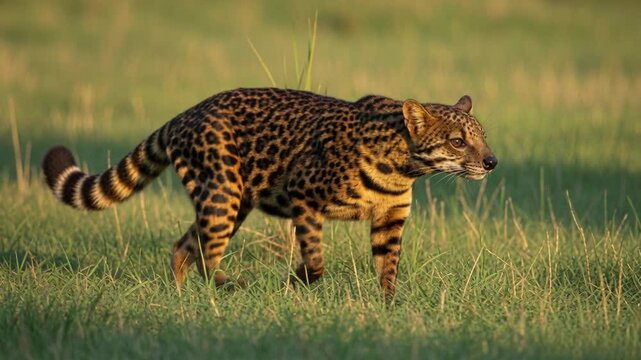 Spotted Civet Cat Walking Through Grassy Field at Golden Hour