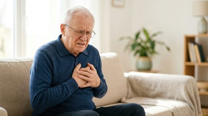 An elderly man sits on a couch with a pained expression. He holds his chest as he seems to struggle with discomfort. The room is bright with natural light coming from a window