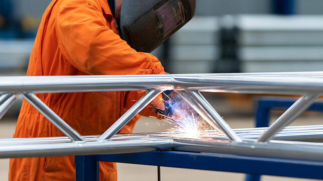 Industrial worker wear safety gear and full body overall suit perform metalwork on steel construction of truss in controlled factory environment