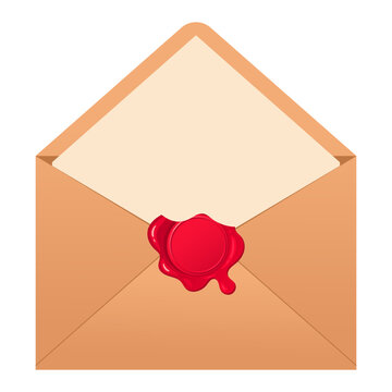 Open sealed envelope. Paper envelope with opened letter and red wax seal flat vector illustration. Postal correspondence icon