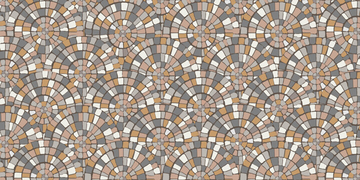 Ancient Circular Roman, Mediterranean, Greek Mosaic pattern with hand-painted stone circular geometric tiles in neutral earth tones. Radial arched ornamentation. In opus tessellatum technique. 