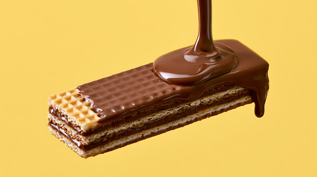 Delicious chocolate pouring over a crispy wafer cookie bar, creating a tempting dessert snack on a vibrant yellow background, sweet delight