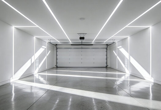 Empty garage interior with bright LED strip lights. Minimalist clean white supercar showroom. Premium house car parking floor. Home workshop, parking, interior design, automotive display.