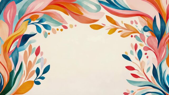 Delicate floral border frame composed of painterly leaf and petal shapes in vibrant, warm and cool color palette on light background, abstract decorative element for spring and summer themes.