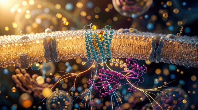 Macro 3D biotech illustration of a cell membrane receptor, a ribbon-like beta-arrestin protein, and several small-molecule spheres binding in a pocket; phosphates, signal lines, and a translucent