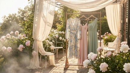 Obraz na płótnie Canvas Sunlit garden terrace with three summer wedding guest dresses on a rack: a chiffon floral midi, a satin slip dress, and a pastel one-shoulder gown, surrounded by peonies, white chairs, and soft linen
