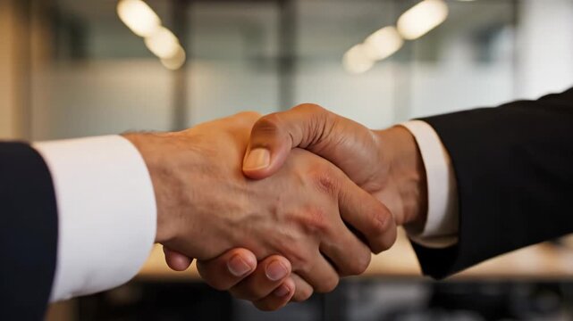Two men in business suits shaking hands in office. Agreement and handshake between business partners. Corporate deal conclusion and professional meeting cooperation