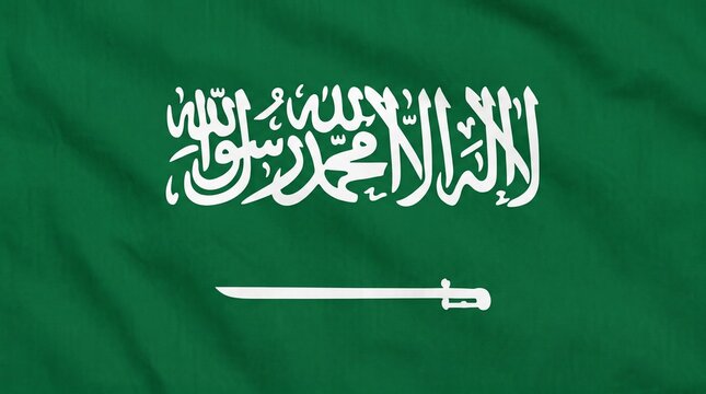 Saudi Arabia flag with green background, Shahada inscription, and sword, symbolizing Islamic faith, justice, strength, and national identity.