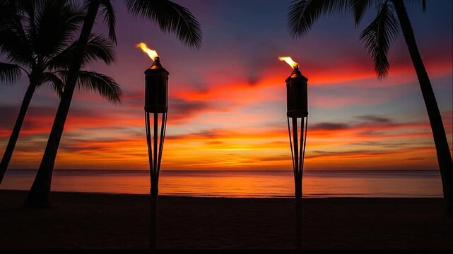 Two flaming tiki torches on a sandy beach under a vibrant tropical sunset with palm tree silhouettes