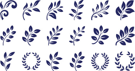 Fototapeta premium Set of blue leaf and branch elements and laurel wreaths on transparent background.