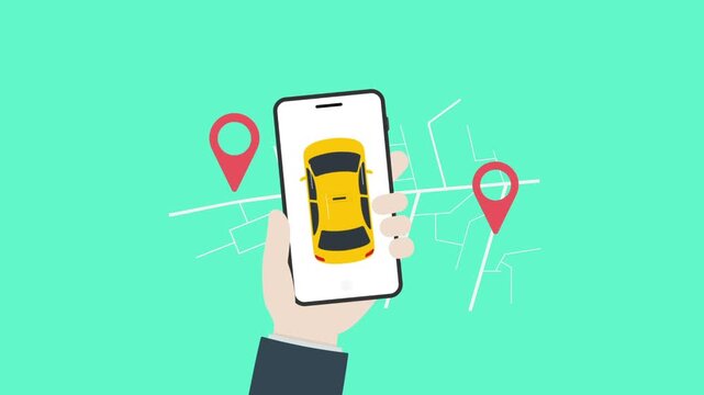 hand book taxi service on phone with gps map pin animation