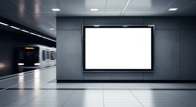 Modern subway station with blank white digital screen on dark concrete wall. Train passing by, clean floor reflecting overhead lights. Contemporary urban transit space ideal for advertising displays.
