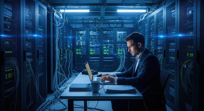 A businessman works at a laptop in a high-tech server room with glowing blue equipment. Rows of computer servers and networking hardware fill the data center facility.