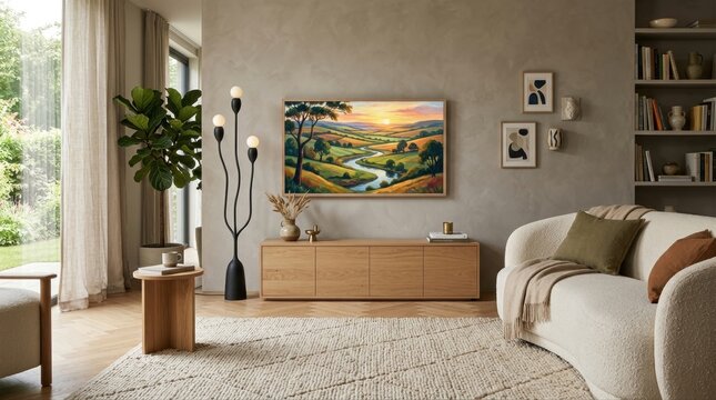 Stylish living room with a slim art TV mounted above a low oak cabinet, showing a vivid landscape painting when idle; a boucle sofa, textured rug, and sculptural floor lamp frame the screen, making