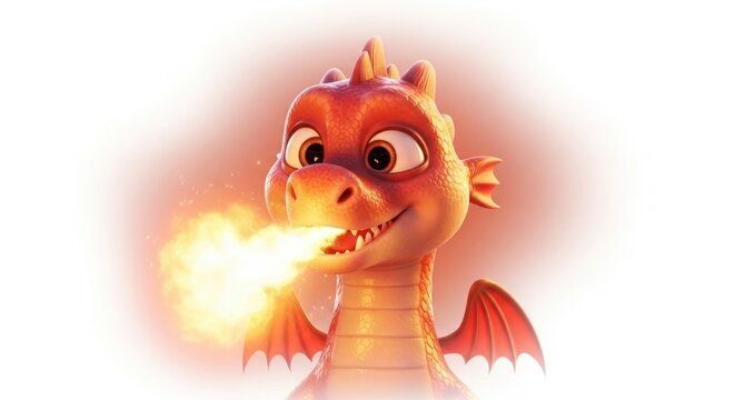 Cartoon dragon breathing fire isolated on white background