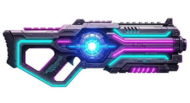 Futuristic weapon design with neon lights energy concept on white background